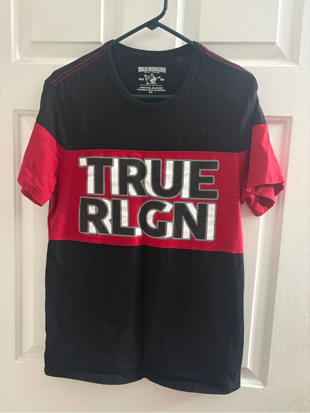 True Religion Men’s Red and Black Block Logo Tee